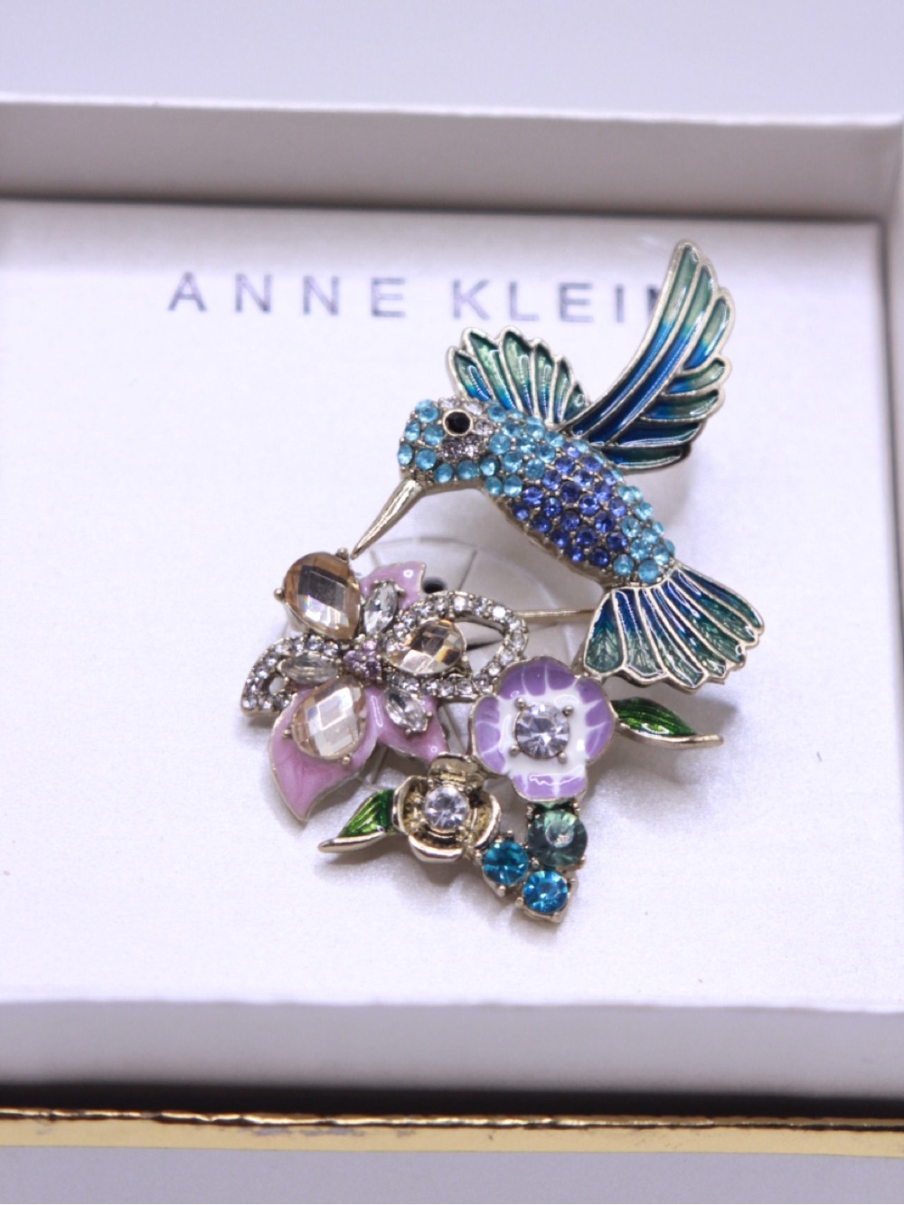 New Anne Klein Blue, Purple & Green Crystal Hummingbird Floral Brooch